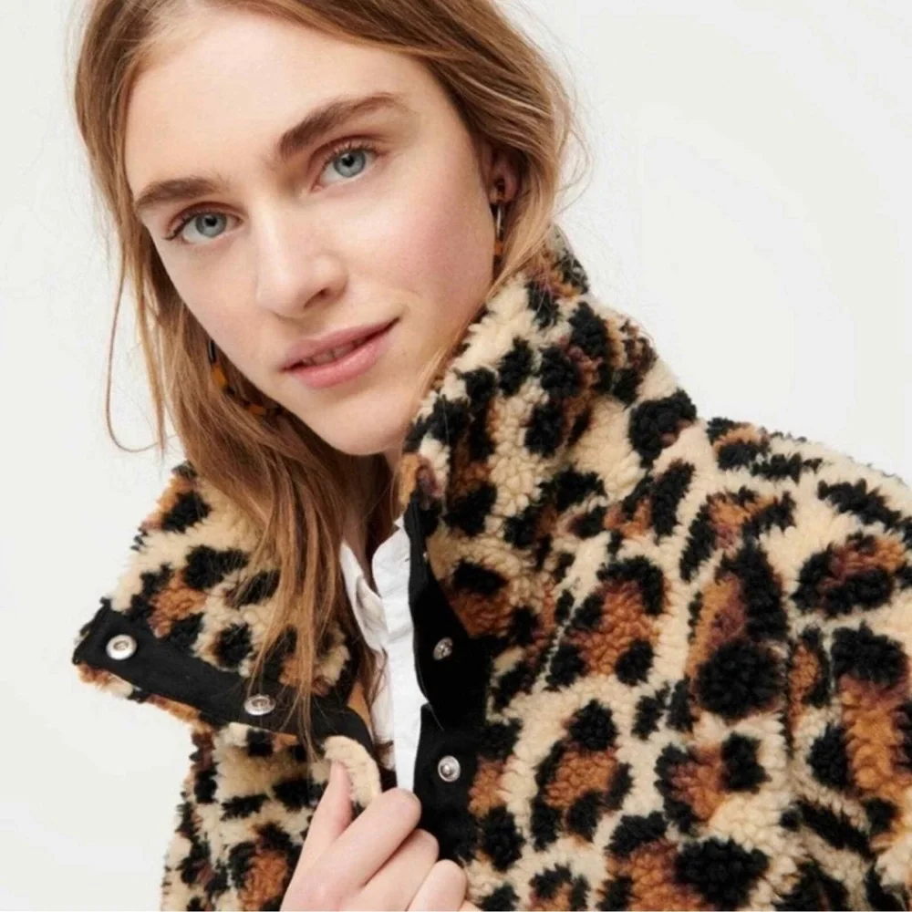 J. CREW Jacket Vintage Fleece cropped leopard faux fur Snaps Pockets pul… - Picture 5 of 13
